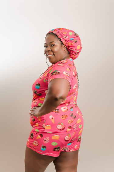 Sweet Tooth - Bamboo Pajama Shorts Set, With A Matching Satin-Lined Bonnet